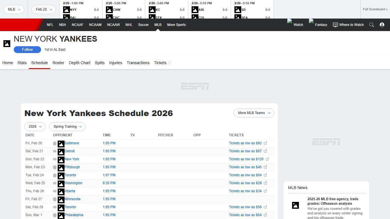 New York Yankees 2026 Spring Training MLB Schedule - ESPN
