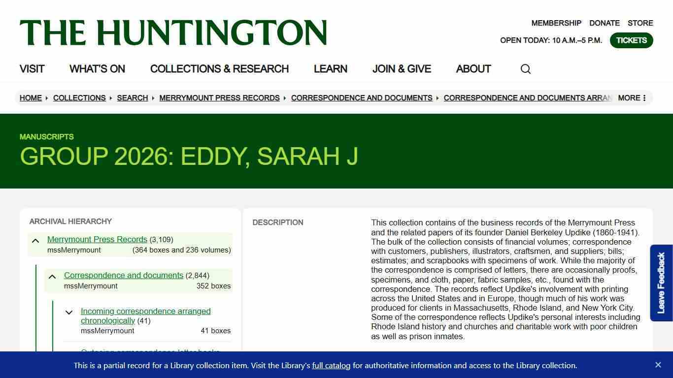 Group 2026: Eddy, Sarah J | Collections | The Huntington